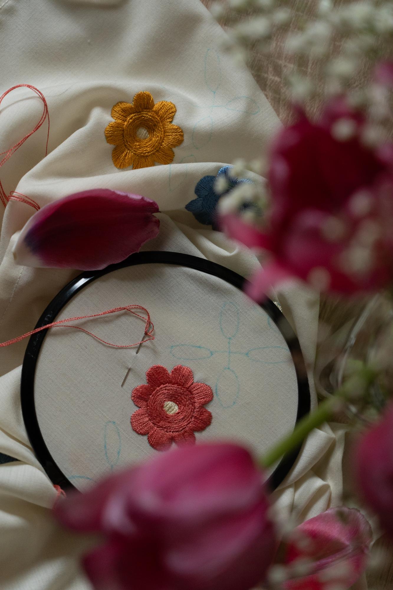 Close-up of floral embroidery in hoop